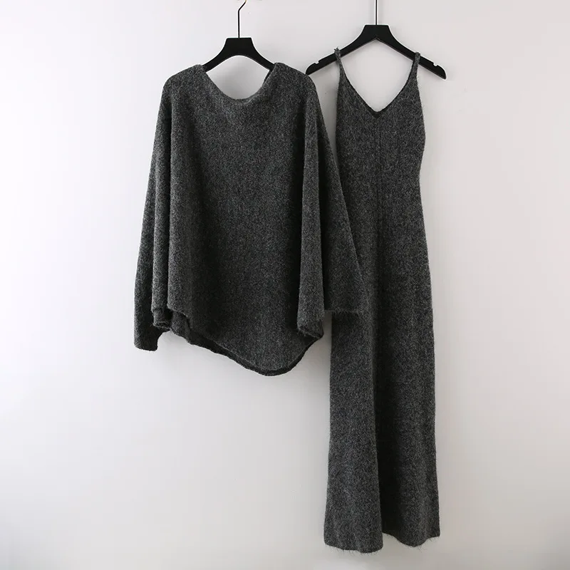ZAMOR Women's 2-Piece Knit Cape Cover-Up and Slim Camisole Maxi Dress Set Elegant Autumn Winter