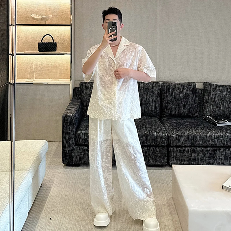 IEFB Male Two-piece Suit Embroidery Pocket Single Breasted Short Sleeve Thin Loose Pants Summer Trendy Turn-down Collar 9C5462