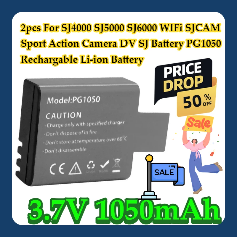 

2pcs For SJ4000 SJ5000 SJ6000 WIFi SJCAM Sport Action Camera DV SJ Battery 3.7V 1050mAh PG1050 Rechargable Li-ion Battery