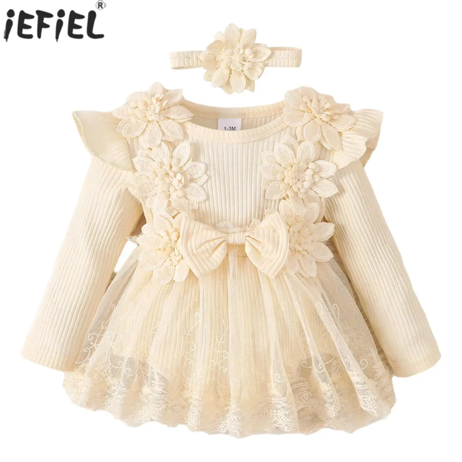 

Infant Baby Girls Rompers Dress Flower Embroidery Tulle Rib Knit Bodysuit with Headband Toddler Kid Fall Winter Festival Clothes