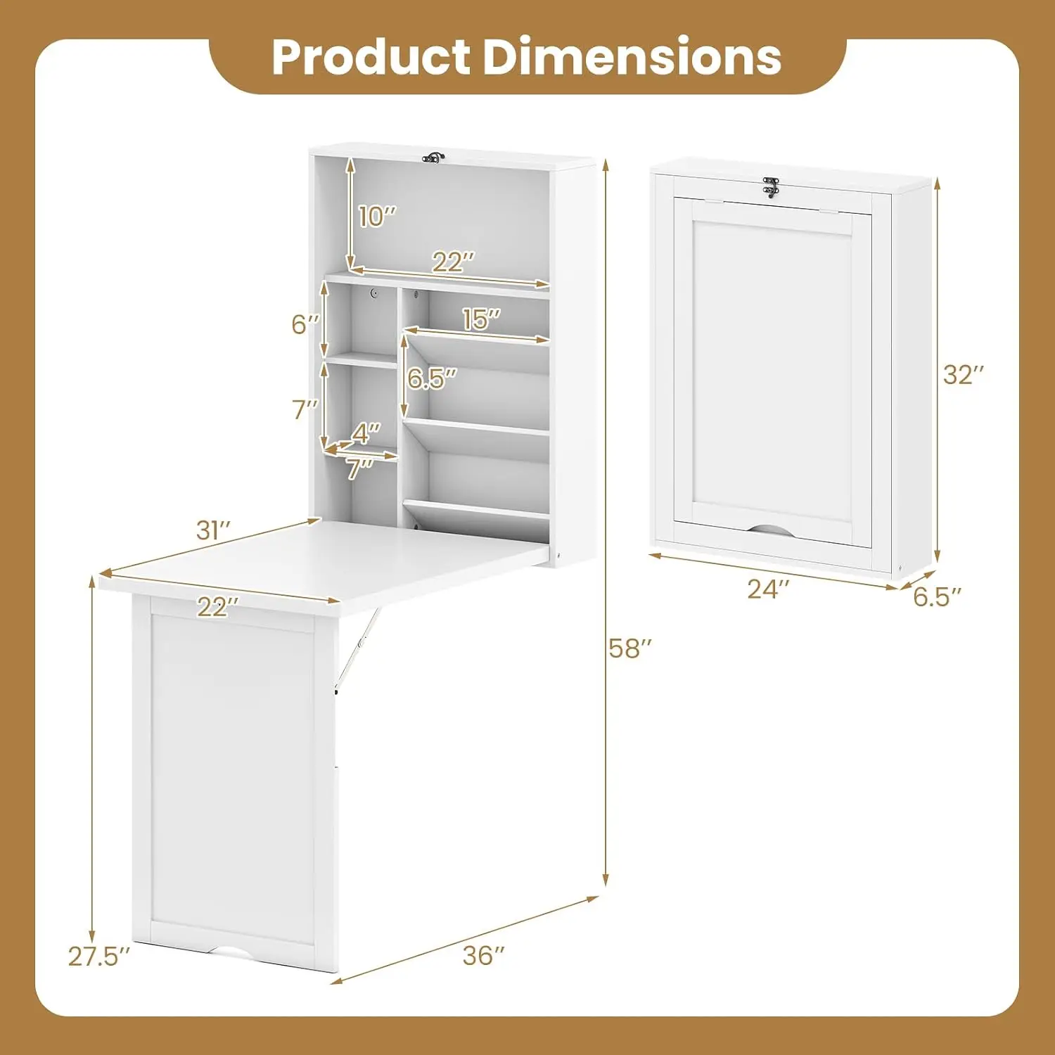 Wall Mounted Foldable Desk with Storage Shelves & Space Saving Design for Home Office & Bedroom, White, Customized
