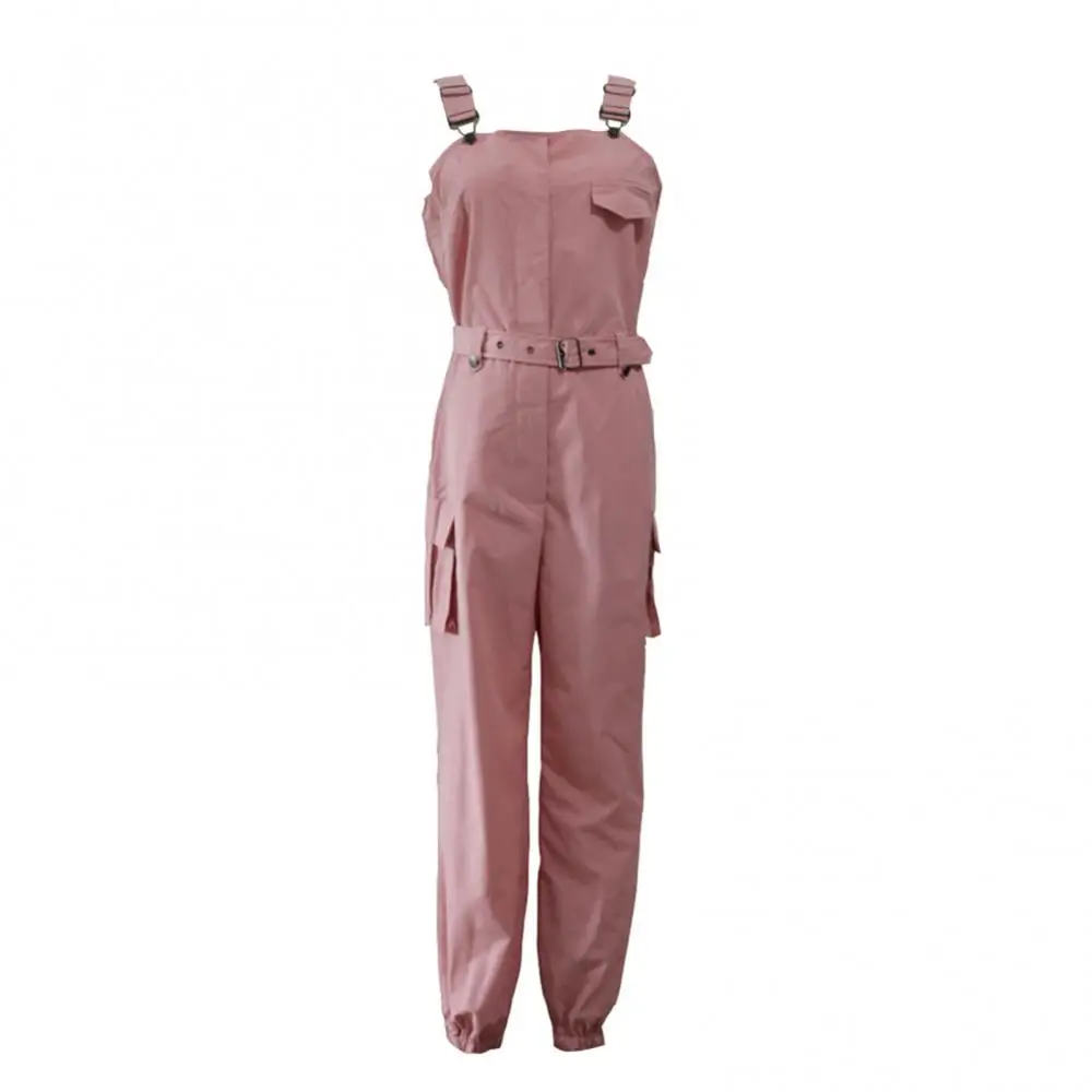 Vrouwen Mouwloze Zak Jumpsuit Mode Overall Zakken Blet Enkelgebonden Lange Broek Jumpsuit