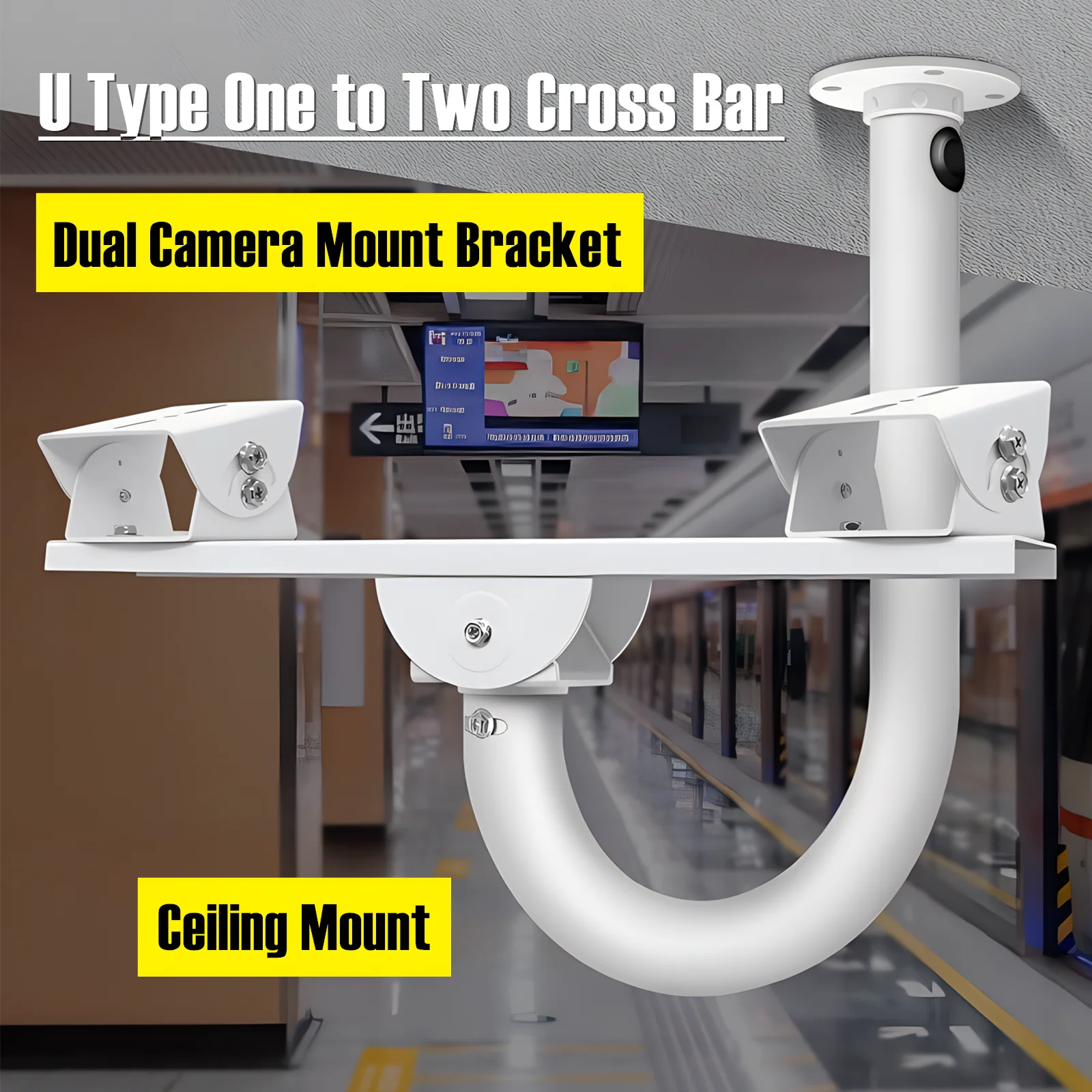 U Type One to Two Horizontal Cross Bar Universal CCTV Security Dual Camera Ceiling Mount Bracket for Double Surveillance Camera