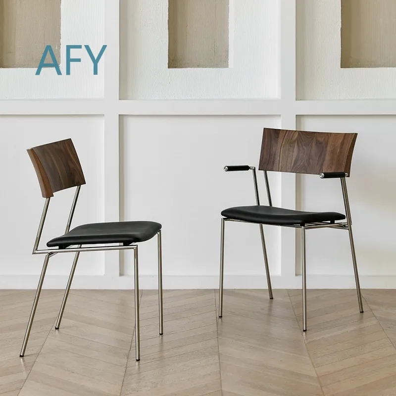 Nordic Retro Luxury Dining Chair for Stainless Steel Frame Genuine Leather Seat with Industrial Style Armrests and Walnut