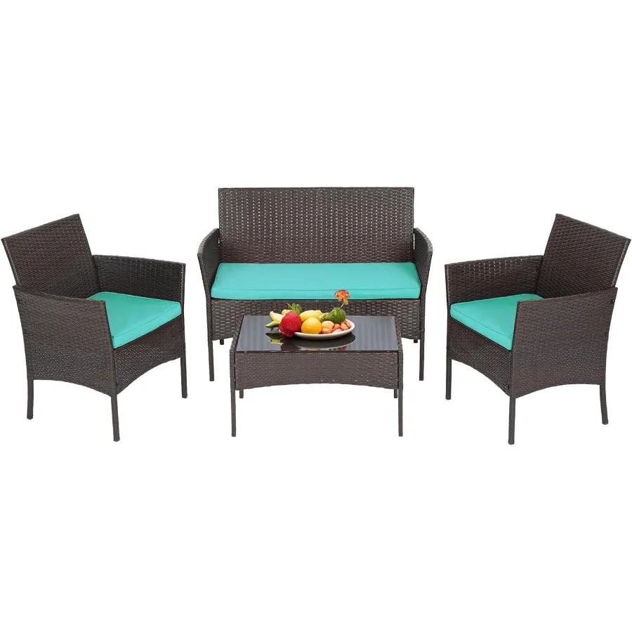 4Piece PE Rattan Patio Furniture Set with Loveseats and Coffee Table for Outdoor and Indoor Use Blue Cushions Durable Wicker Ou