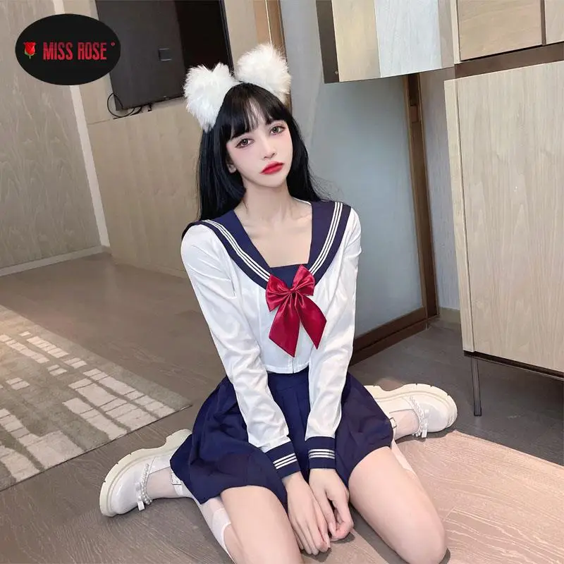 Conjunto de uniforme de colegiala Jk para mujer, Falda plisada Y2k de cintura alta, pijama azul Sexy, minifalda corta Kawaii Harajuku