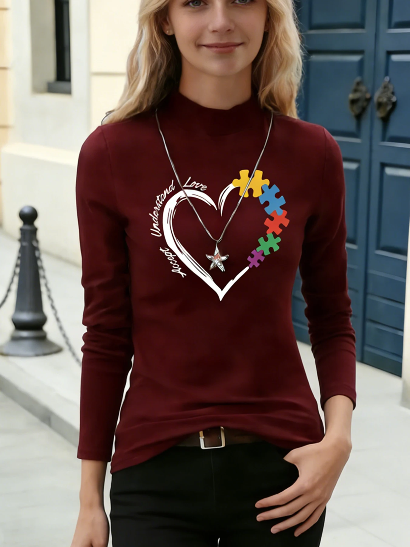 Damen-Oberteil mit Stehkragen und langen Ärmeln, rotes Herz, „I Love You“-Aufdruck, lässige Bluse, Basic-T-Shirt für den Alltag, weiche Oberteile für Frühling und Herbst
