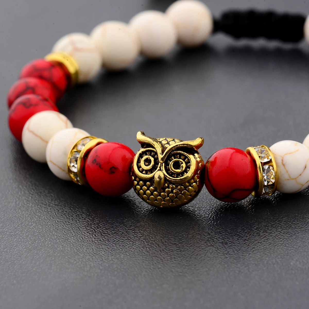 Designer Gold Color Owl Bracelets For Women Men Red White Natural Stone Beaded Braided Adjustable Bracelet Charm Fashion Jewelry