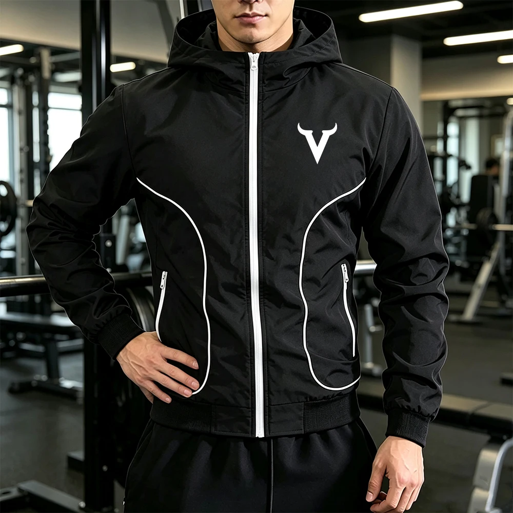 Men Casual Sport Stand Collar Hooded Outerwear Full Zip & Side Stripes Zipper Pocket Bull Horn Print Daily Running Jacket Top