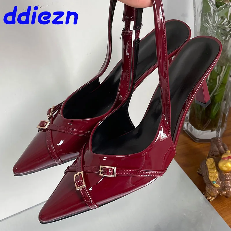 

Big Size Footwear Wine Red Women High Heels Shoes Fashion Pointed Toe Pumps Ladies Thin Heels Shoes Female Slingbacks Slides