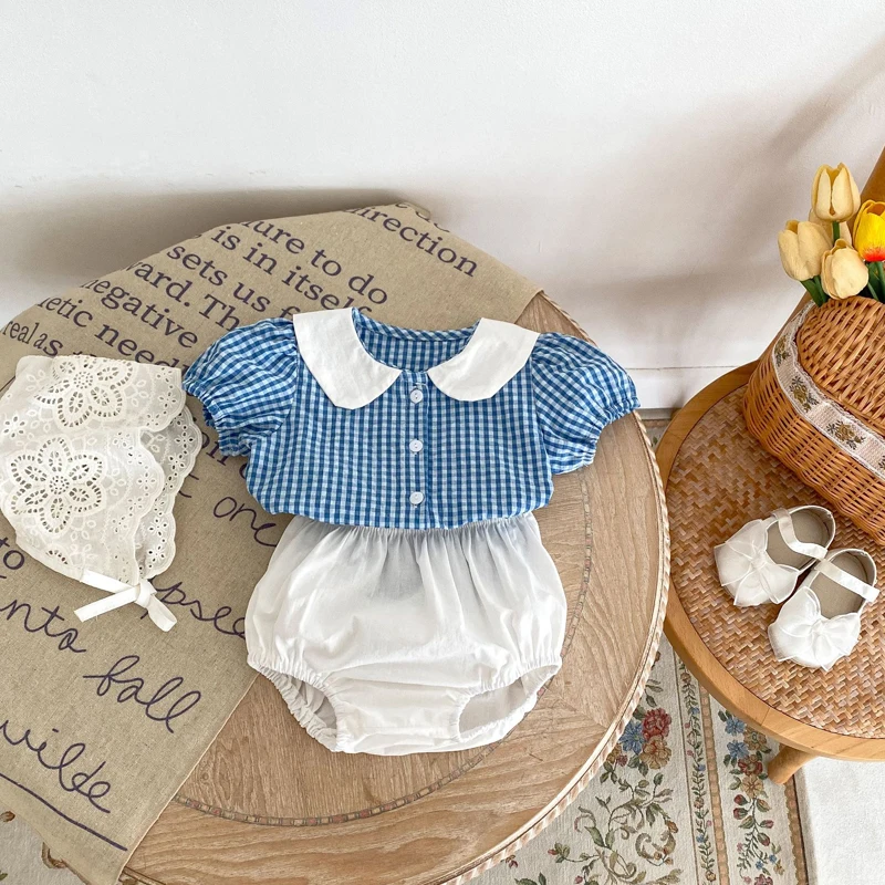 New summer baby clothing, 2-piece set of 0-3 year old female baby rabbit doll collar plaid top and versatile bread pants