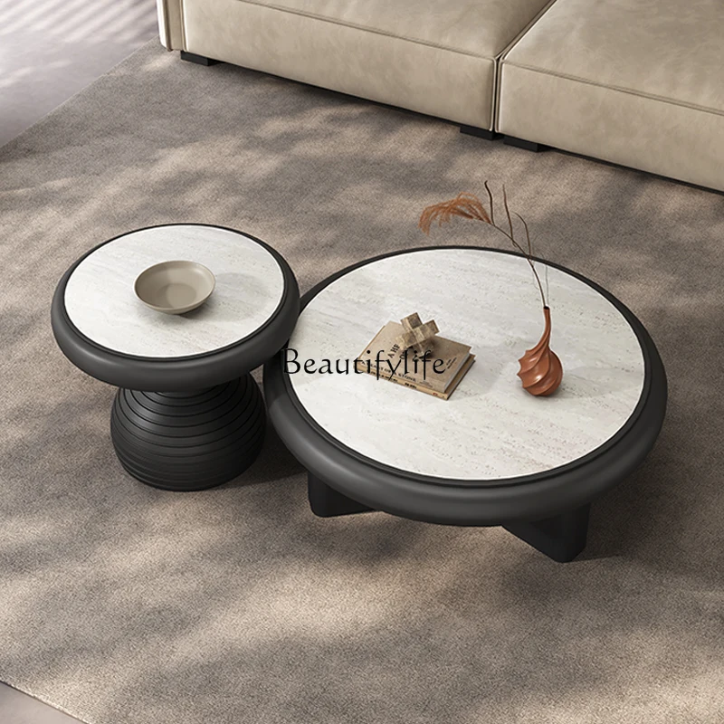 

5Retro tone minimalist round coffee table combination living room household small apartment travertine rock slab