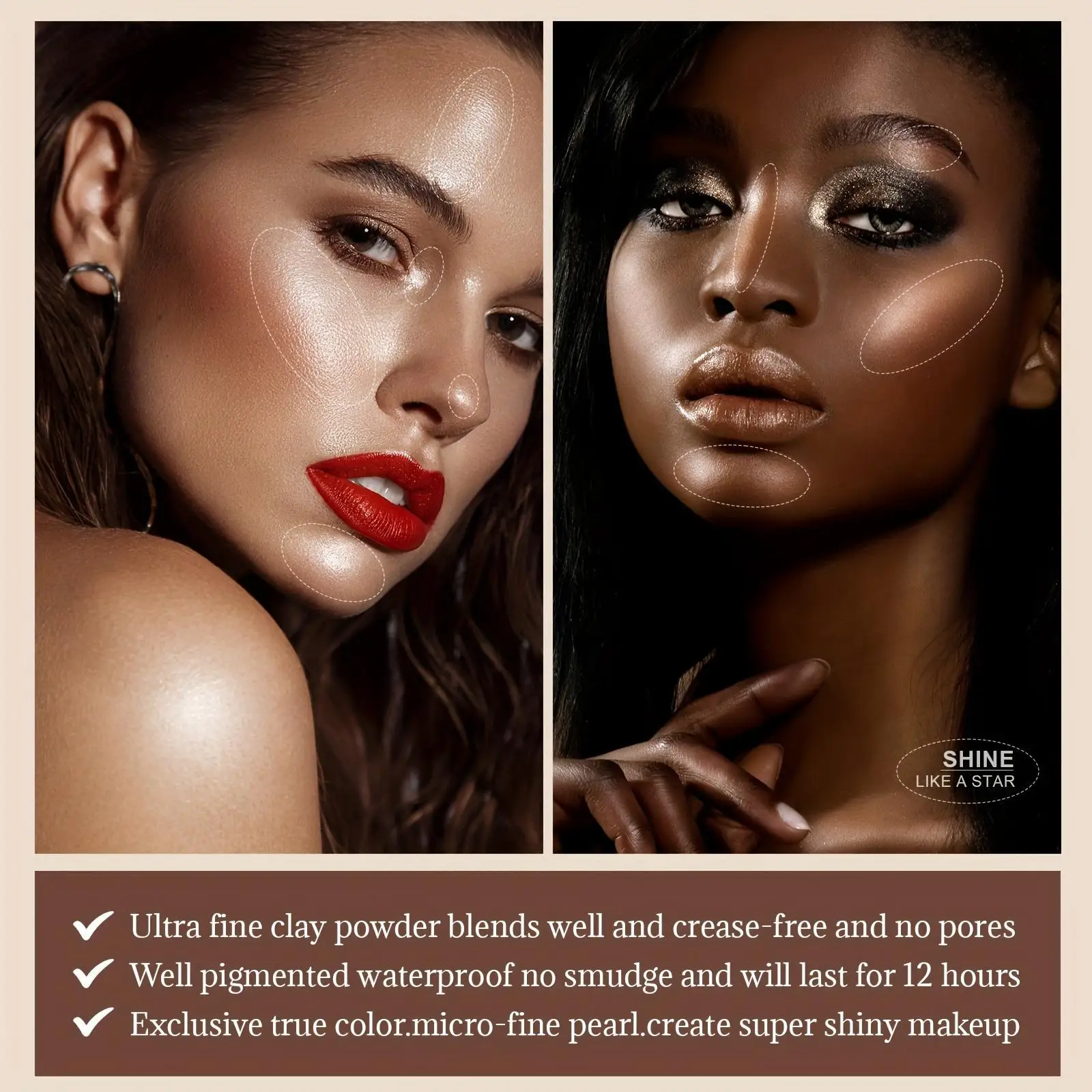 Palette de surligneurs 6 couleurs – Poudre pressée scintillante de ton profondeur pour une lueur complète du visage. Maquillage visage couverture complète avec lumino