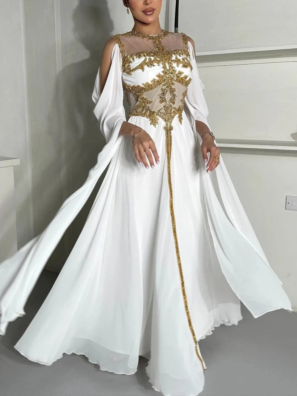 Fashion Gold Decorations Kaftan Women Evening Dress Caftan A-line Prom Dresses Elegant Gown Customized Vestido De Gala