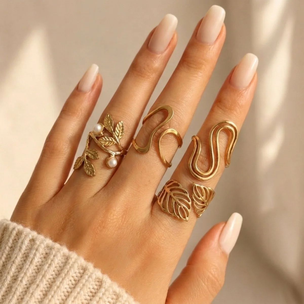 Hohle, doppelte Kreisringe aus Edelstahl mit Blattmuster und Imitationsperlen, S-förmige Ringe für Damen und Herren, Punk-Geometrie, stapelbare Ringe, Schmuck. – Detail 8