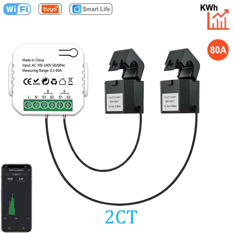 Tuya Smart Contatore di energia WiFi a 2 vie Bidirezionale 1/2 canali con morsetto App Monitor Energia solare prodotta e consumata AC100V 240V