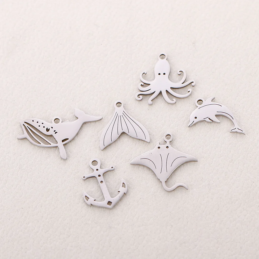 5Pc/Lot Tropical Nautical Sea Ocean Pendant Stainless Steel  Fishtail/Dolphin/Whale/Devil Fish/ Anchor Charms for Jewelry Making