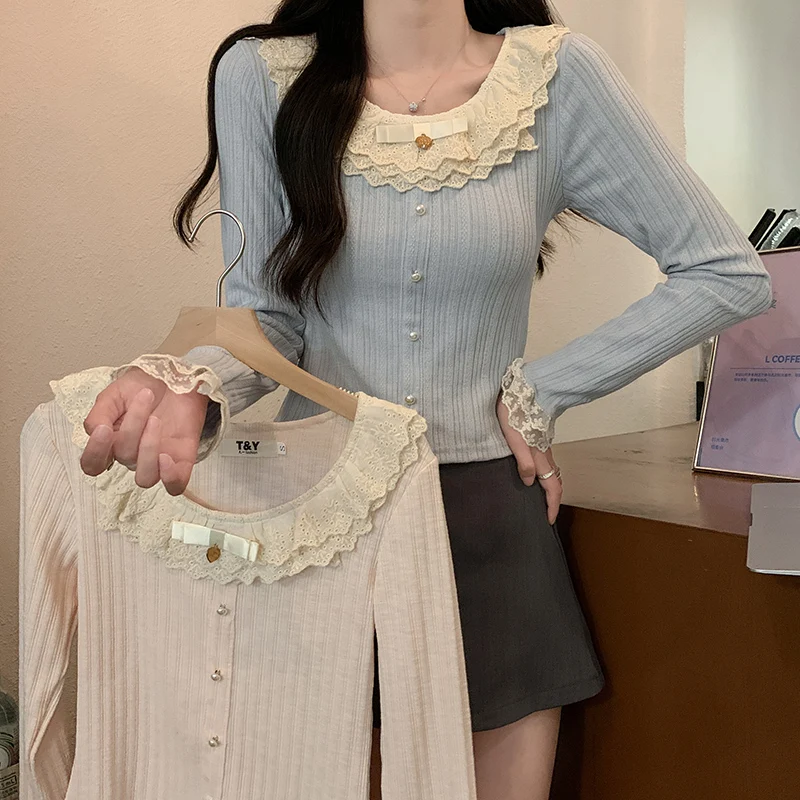 Women's 2026 Spring Autumn New Sweet Cute Lace Thin Short Slim Fit Crew Neck Long Sleeve T Shirt Base Top