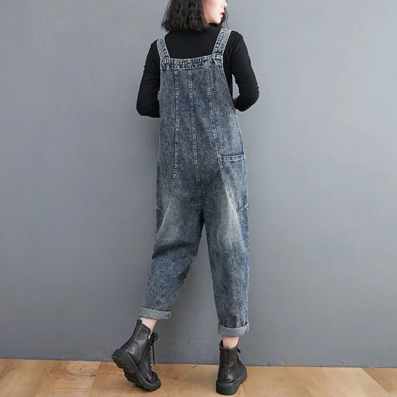 Vintage tanah putih Denim overall wanita musim semi musim gugur ukuran besar pinggang tinggi longgar kaki lebar Romper Wanita koboi Romper tren