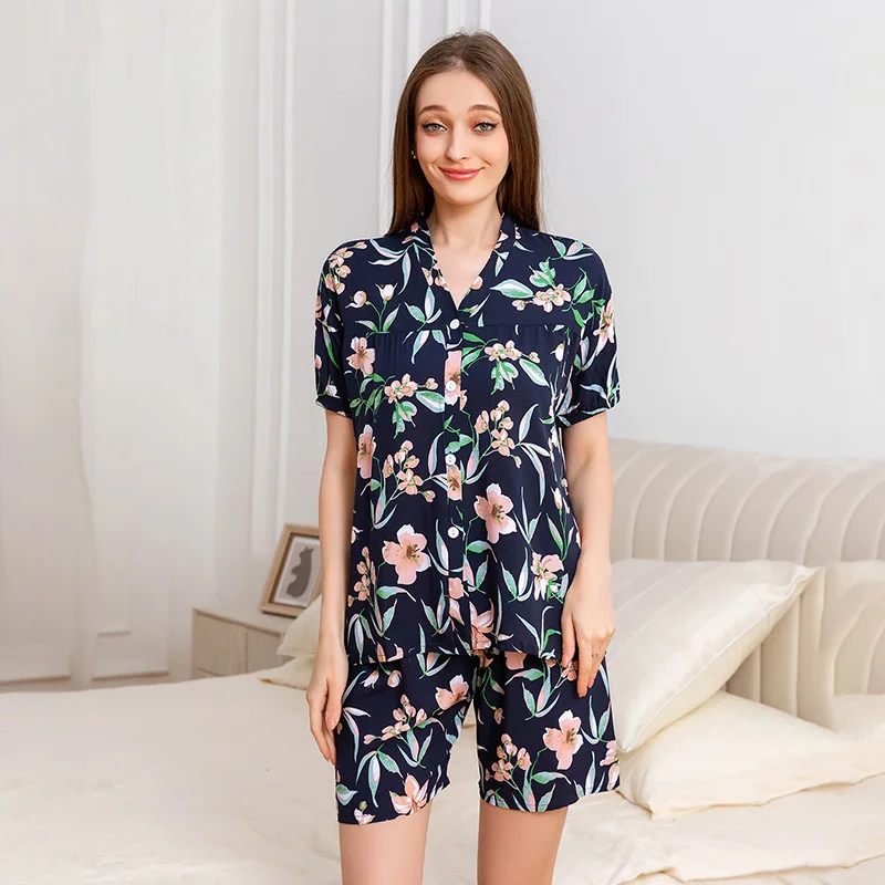 

Short Sleeve Shorts Floral Print Woman Satin Pajama Sets Ensembles 2 Piece Lady Outfit Lounge Women Pijama Sleepwear Pajama Pj