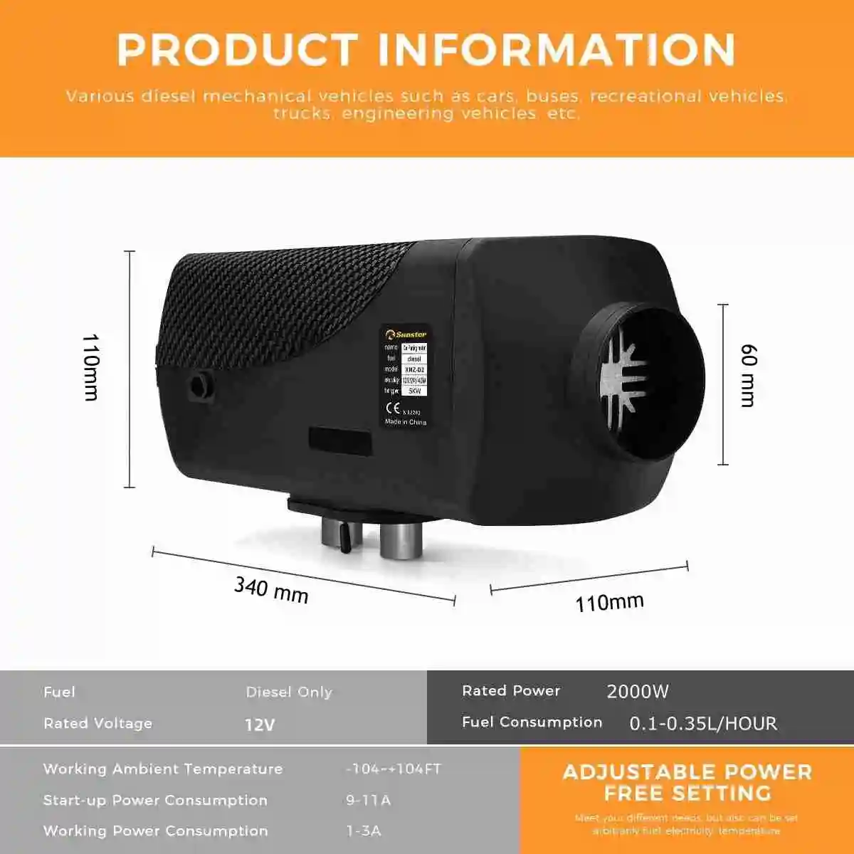 Sunster Air Diesel Heater 2KW 12V Uniwersalny samochodowy ogrzewacz parkingowy Autonomy ze zdalnym monitorem LCD Transmisja głosowa dla Mot