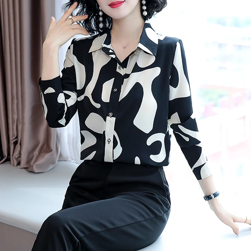 Spring Autumn Women Korean Fashion Satin Print Button Up Shirt Office Lady Elegant Commute Blouse Casual Long Sleeve Loose Tops