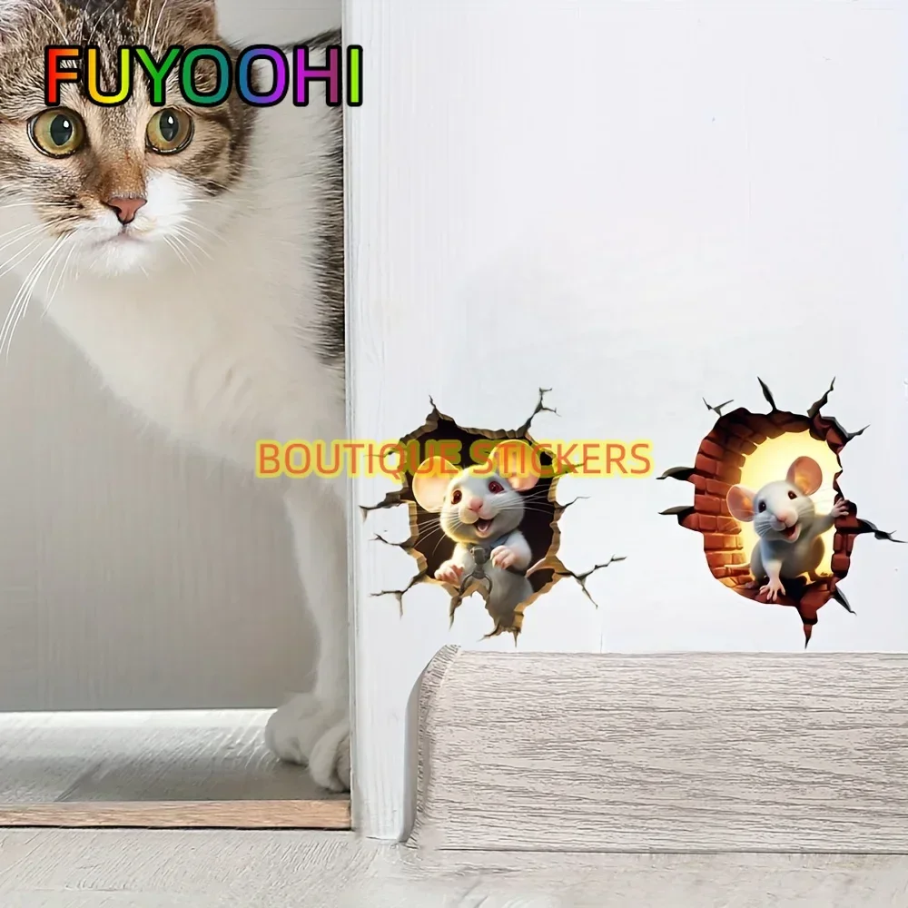 FUYOOHI 3D Broken Wall Mouse Hole Car Stickers for Auto Window Bumper Funny Home Decoration Waterproof Wall Universal Decals