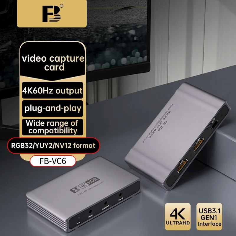 FB VC6 Camera Video Capture Card HDMI to USB-C 4K HD Video Recorder Grabber 4K60Hz for Computer Meeting Live Stream Game Record