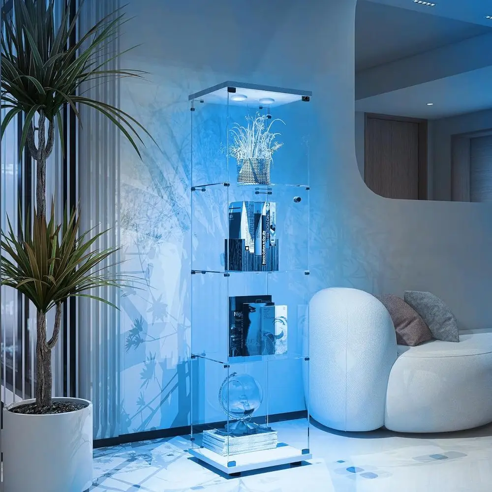 

4-Tier Glass Display Cabinet with Lights & Lock, 16.7W x 14.3D x 64.5H