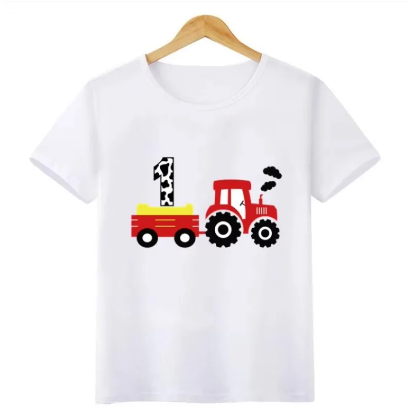 Cute Tractor Car Pulling Cartoon Boys T-shirt 1-8Years Birthday  Kids T shirt Baby Girl Clothes