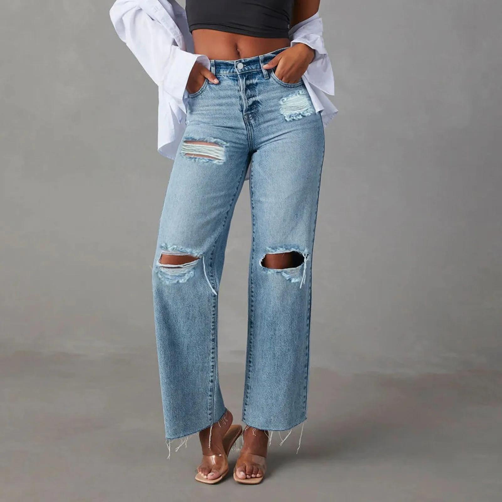 

Women’s High Waisted Ripped Jeans Fashion Retro Slimming Wide Leg Straight Leg Denim Trousers Casual Trendy Streetwear Pants Y2