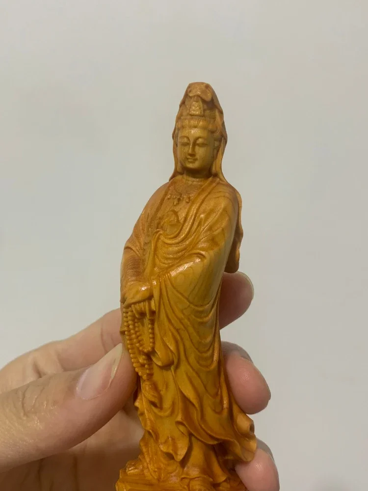 Carvings Of Cypress Wood Home Decoration Guanyin Bodhisattva Stand Like Household Solid Wood Guanyin Smile Face Guanyin Desk