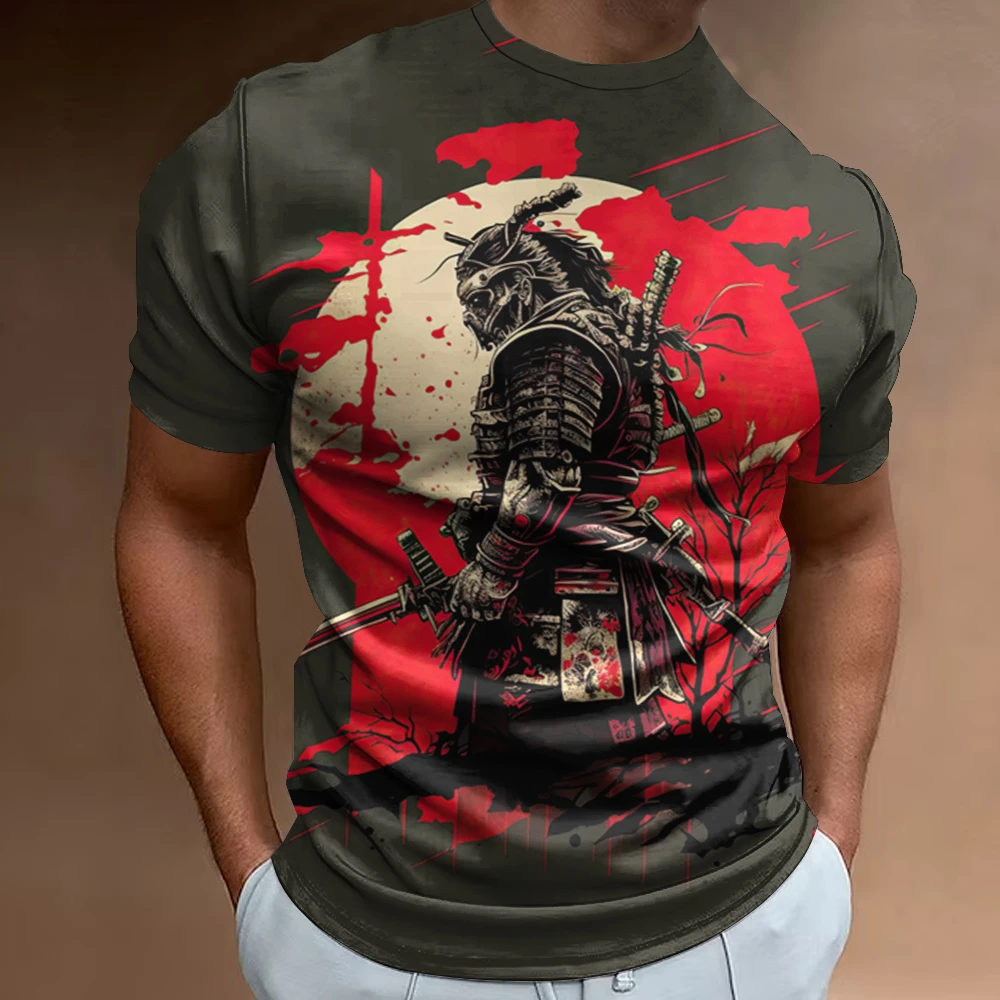 New 3d Japanese Samurai Print Men\'s T-Shirt Retro Casual Man Clothing Loose Oversized Tee Summer Short Sleeves For Men 2024 Tops