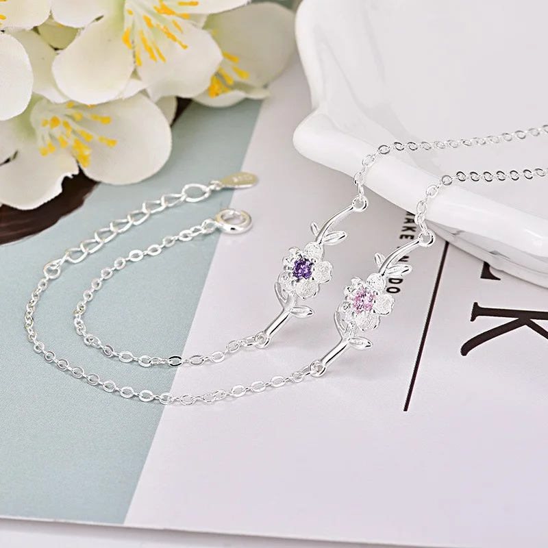 

Women's Cherry Blossom Bracelet Simple Sweet Pink/Purple Zircon Flower Branch Fashion Versatile Jewelry Gift for Her