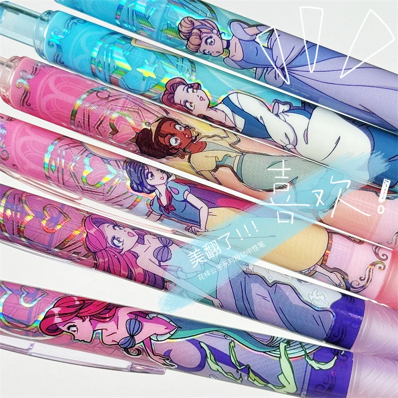 6/24 قطعة سلسلة أميرات ديزني الصحافة هلام القلم الليزر الملونة 0.5 قلم توقيع أسود القرطاسية هدية مكتب بالجملة