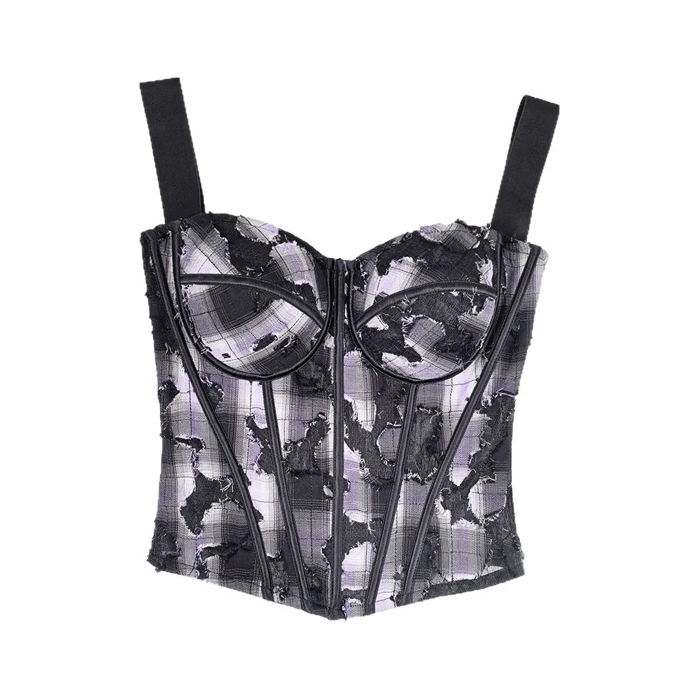 Purple Plaid Ripped Sexy Lace Mesh Shape Top Back Zipper Personality Premium Sense Collection Breast Pinch Waist Fishbone Bust