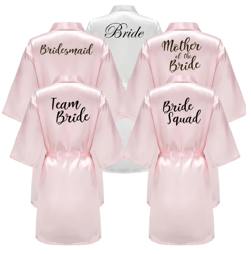 New Pink Wedding Team Bride Squad Maid of Honor Robe Bridal Party Satin Dressing Gowns For Women Black Letter Writing Bathrobe