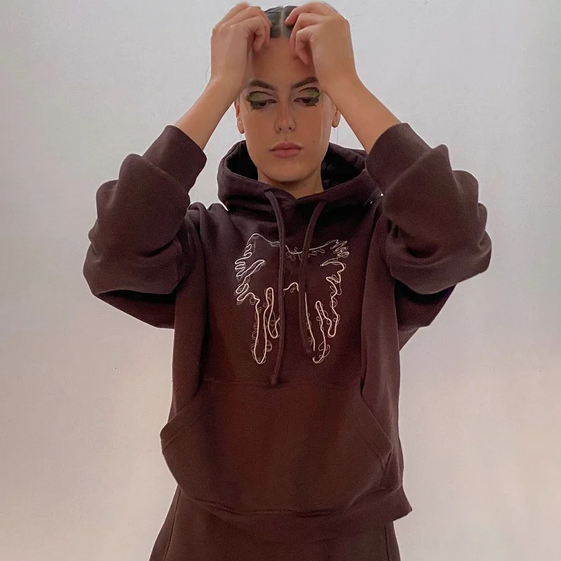 Women Solid Color Casual Sport Style Hoodies Suits Spring Autumn Loose All-Match Streetwear Butterfly Embroidered Sweatshirt Set