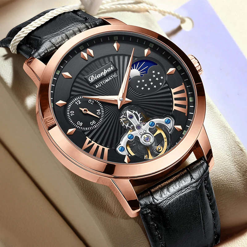 New Year Gift Men Round Dial Hollow Mechanical Watch Sun Moon Star Stainless Steel Case Comfortable Leather Strap Watch