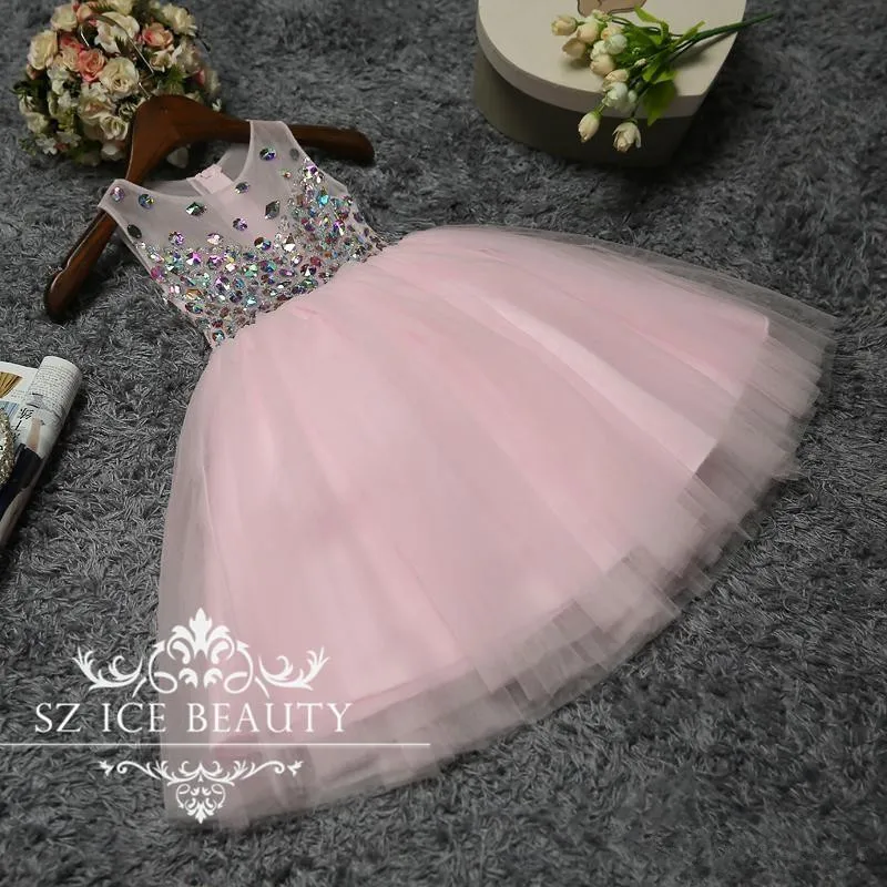 Princess Flower Girls Dresses For Wedding Bow Sleeveless Pearls Tulle Lovely Formal Wear Floor Length Birthday Party Gowns