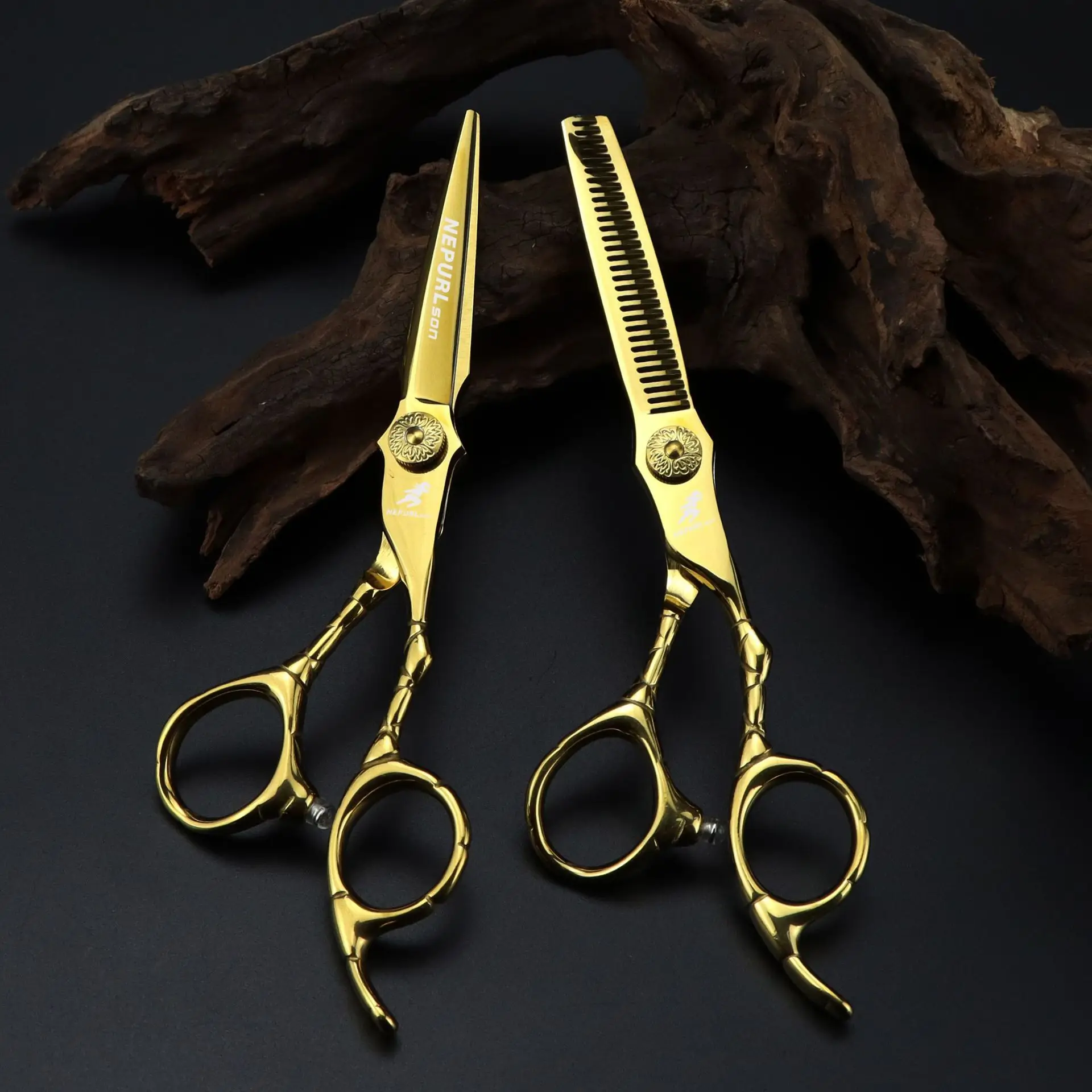 6.0-inch golden crocodile-patterned handle hair scissors for styling - flat-cut teeth scissors for trimming