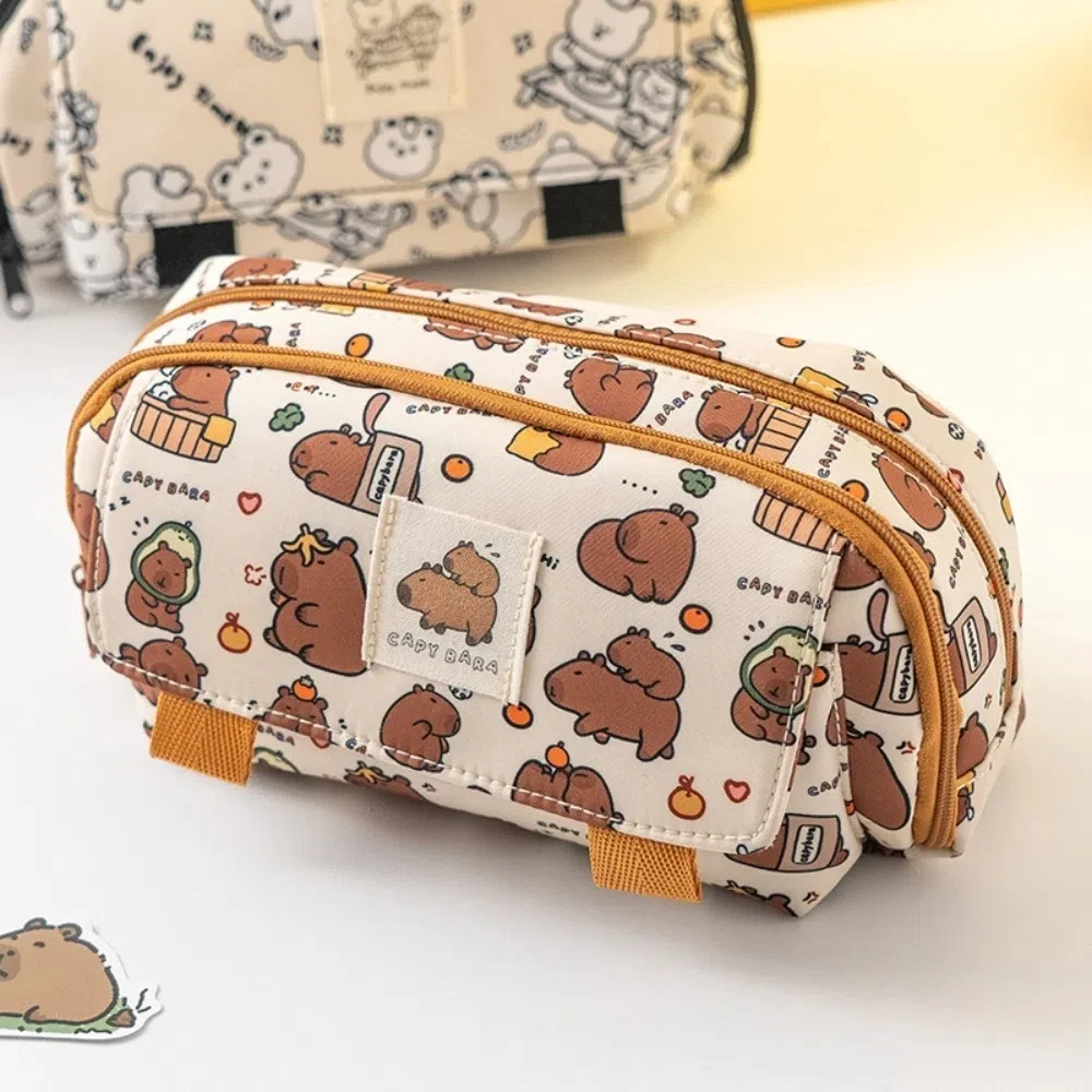 New Cartoon Capybara Stationery Bag Canvas Multi Layer Pencil Bag Large Capacity Cute Bear Dogs Pencil Case Student Accessories