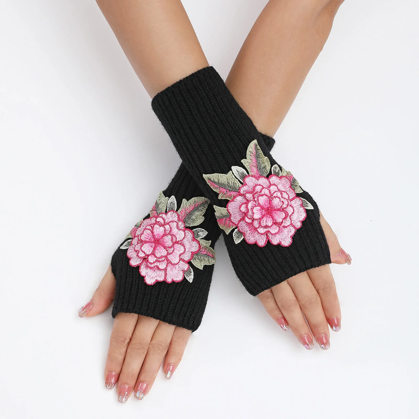 2023 New Embroidered Flower Gloves Autumn Winter Women\'S Short Fashion Knitted Wool Sleeves Warm Mittens Fingerless Gloves Women