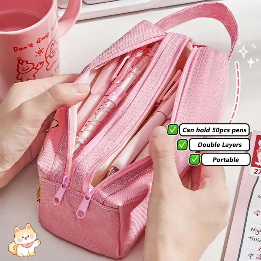 INS Puppy/Kitten Pattern Pen Bag Large Capacity Portable Stationery Bag Double Layers Pencil Case Students