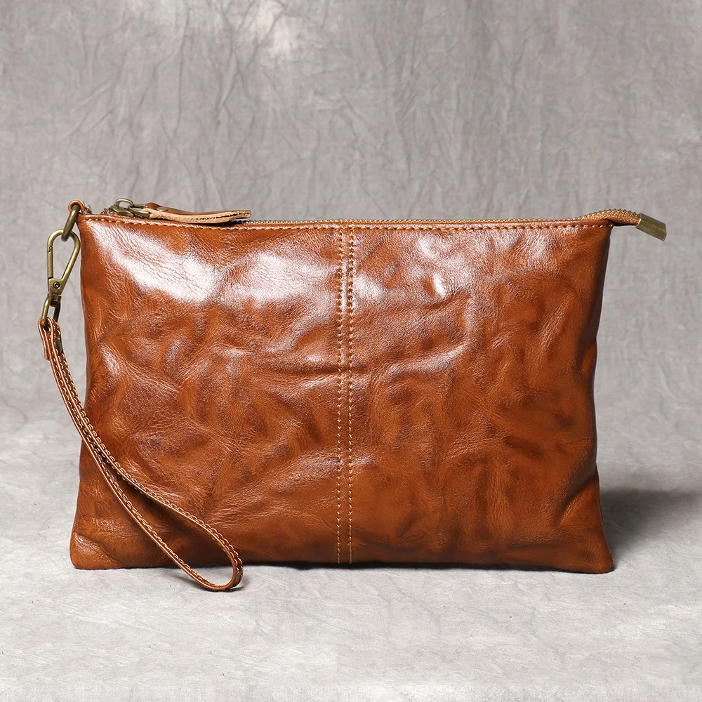 LUOKIR New Vintage Handmade Genuine Leather Men's Clutch Bag Fashion Women's Bag Large Capacity Cowhide Document Wristlet