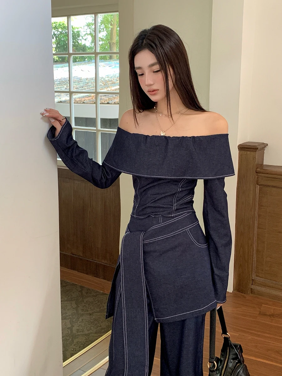 REDDACHiC Denim Top Cover Up Wide Leg Pants Set Women Work Casual One-shoulder T-shirt Wide High Waist Baggy Jeans Retro Clothes