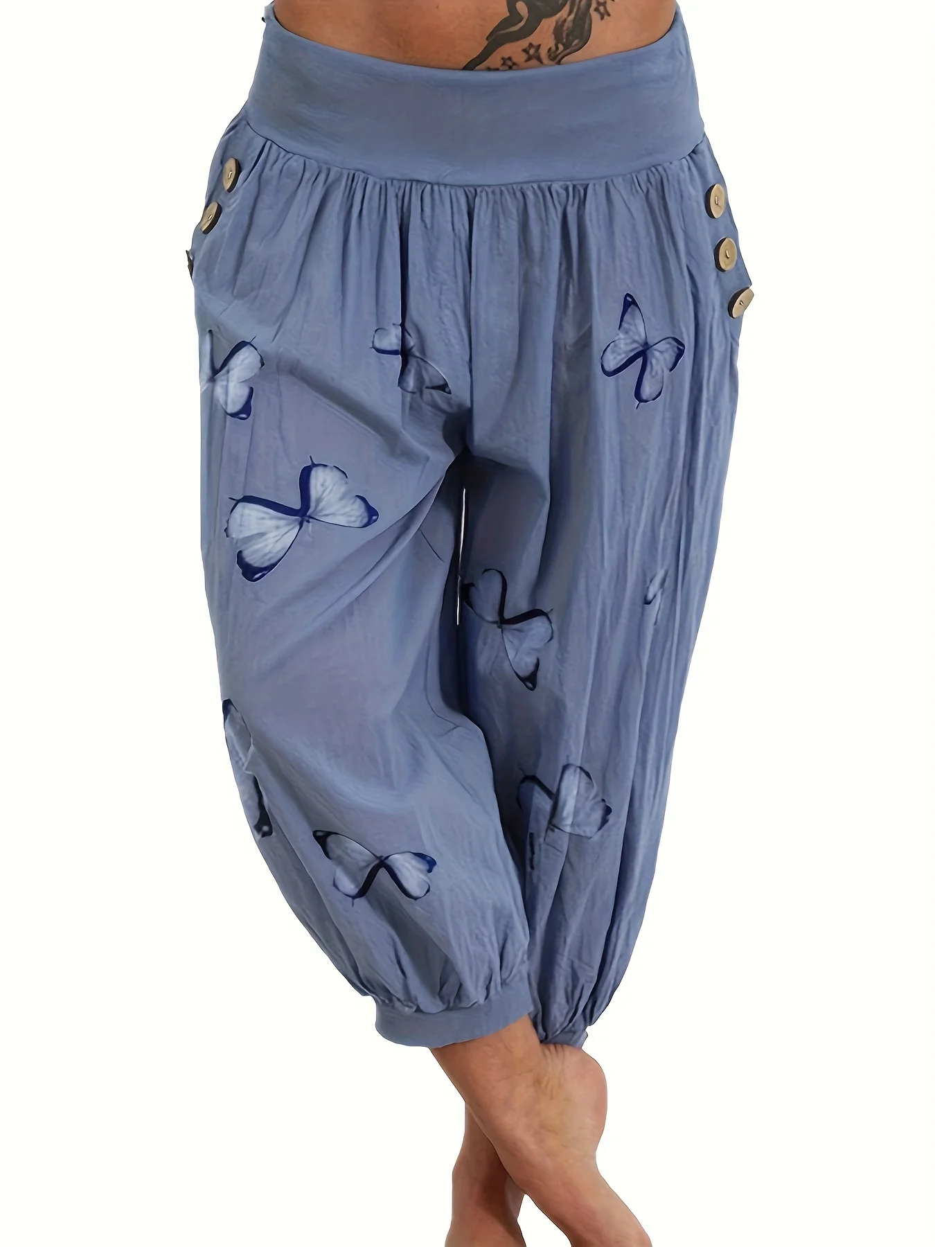 Damskie spodnie Plus Size 1XL-5XL Casual Wygodne spodnie Capri Moda Butterfly Print Button Pocket Capri Pants