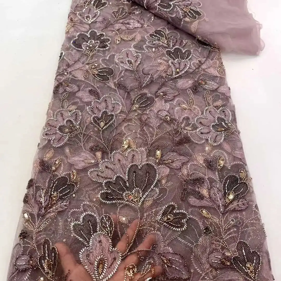 럭셔리 아프리카 스팽글 비즈 레이스 원단 2025 고품질 신랑 나이지리아 웨딩 신부 자수 프랑스 튤 바느질