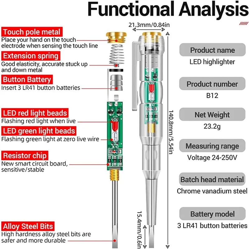 2Pcs 24-250V Electrician Circuit Tester Pen,Responsive Electrical Tester Pen,with LED Indicator Light Waterproof