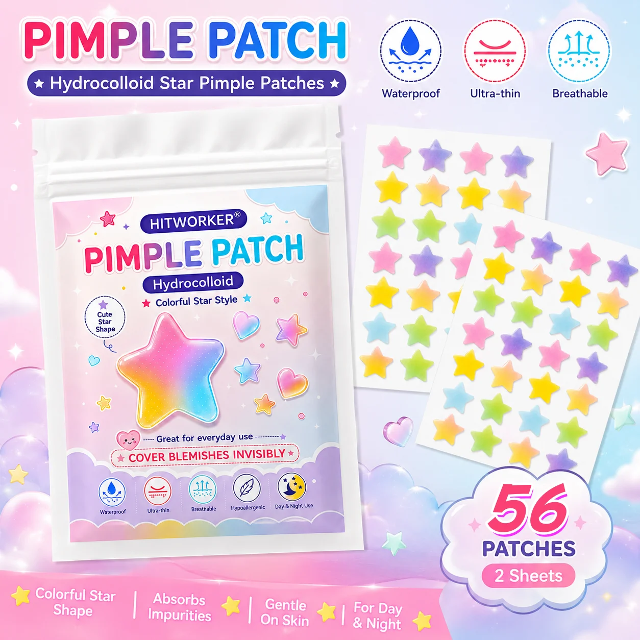 Patchs anti-acné colorés en forme d'étoile, autocollants anti-acné non irritants, patchs anti-acné de haute qualité à l'acide salicylique et à l'huile d'arbre à thé, cadeaux